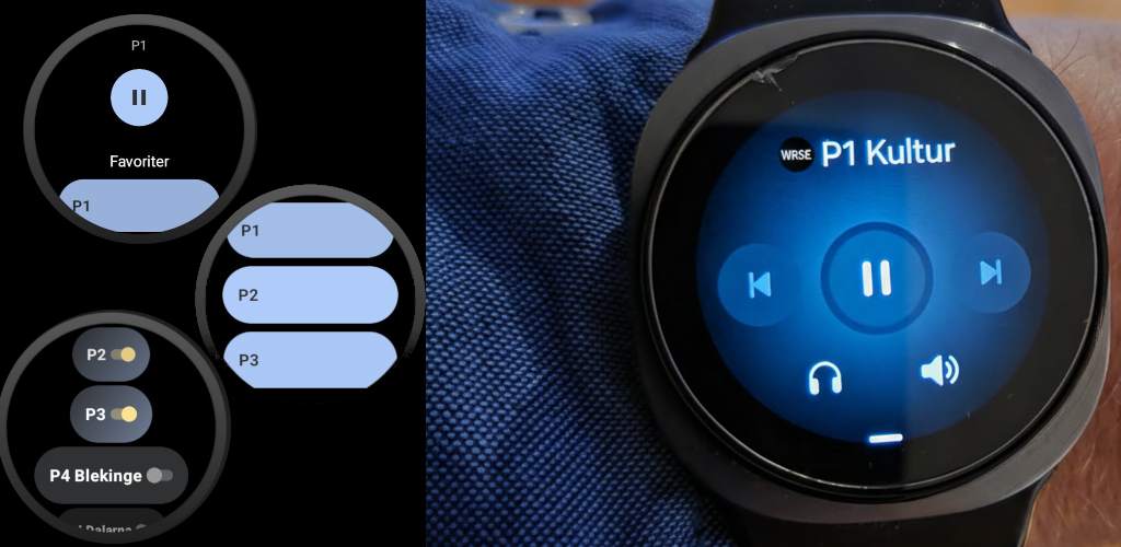 Skärmdumpar av WatchRadioSE-appen på en Wear OS-klocka
